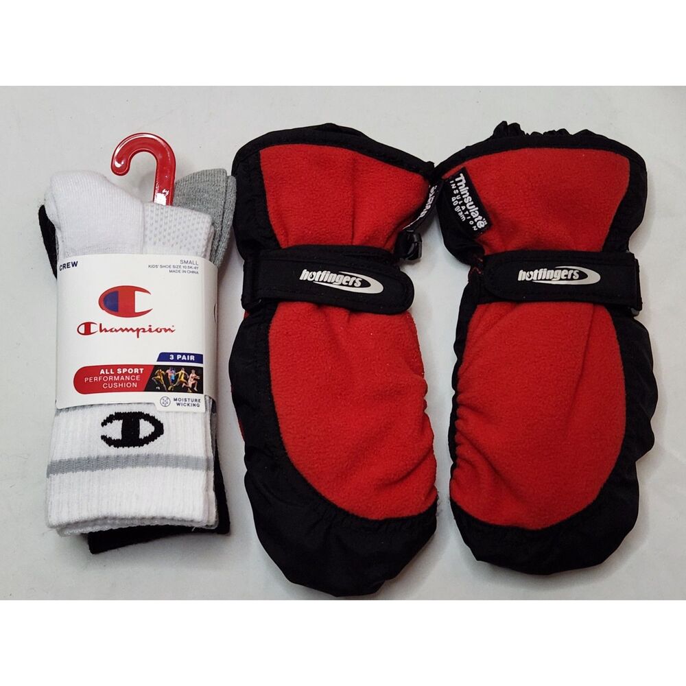 Champion Kids Socks 3‑Pack + Hot Fingers Mittens Bundle Small 10K–4Y